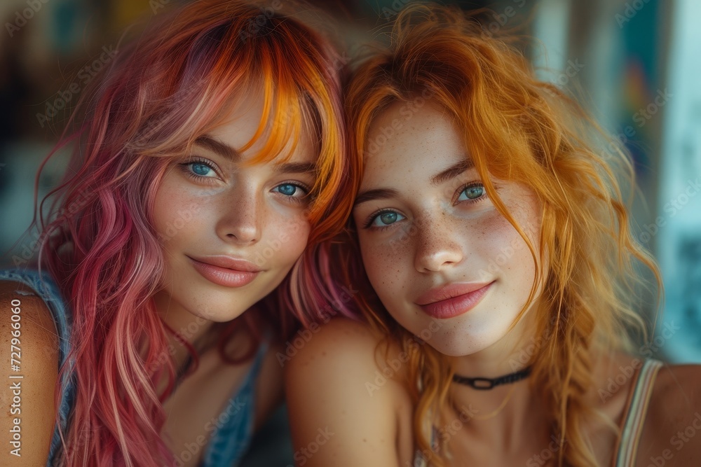 Two vibrant women flaunt their bold personalities with layered, colorful hair as they share a joyful smile and pose confidently outdoors Two vibrant women flaunt their bold personalities with layered, colorful hair as they share a joyful smile and pose confidently outdoors