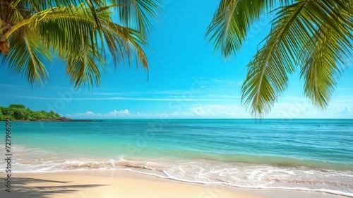 Tropical beach scene with clear blue sky and palm trees for a summer background