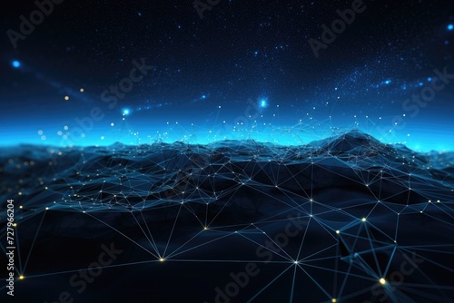 A photo featuring a dark blue background adorned with intricate lines and dots, Tech-infused network of interconnected lines, AI Generated