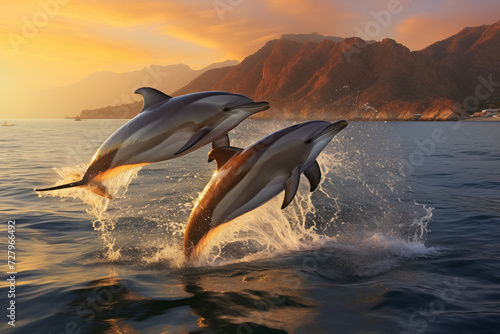 Two dolphins in the Pacific Ocean. California Sea. © Evgeniya