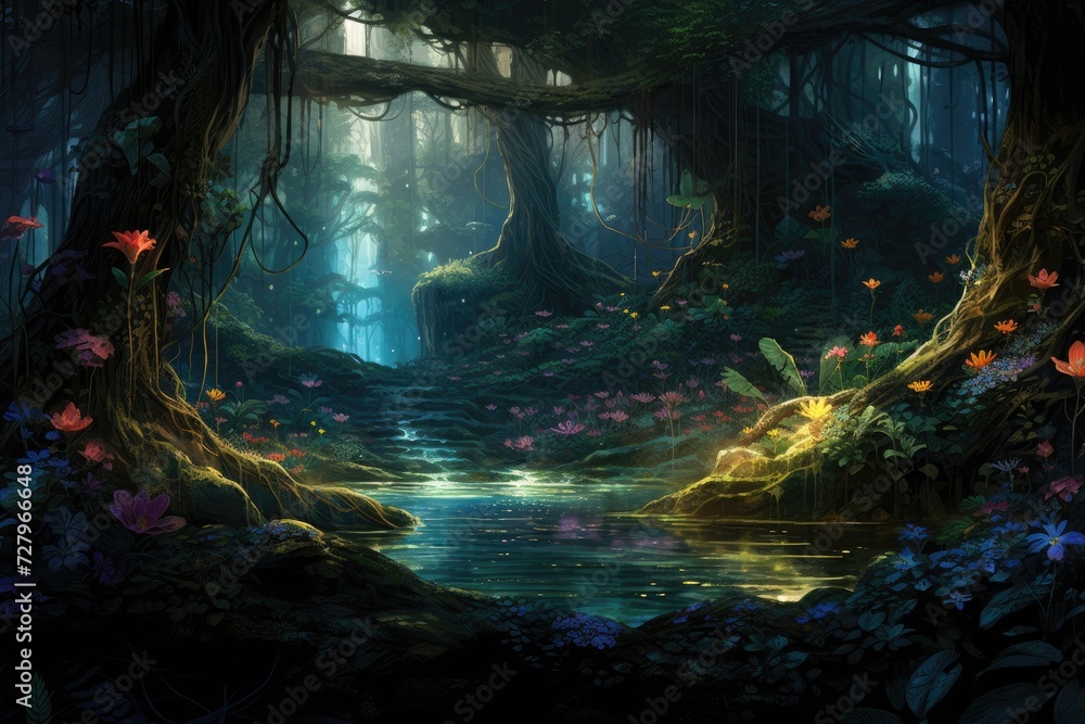 A vibrant painting showcasing a serene forest filled with colorful flowers and a flowing stream, The heart of a dense, mystic rainforest with glowing flora, AI Generated