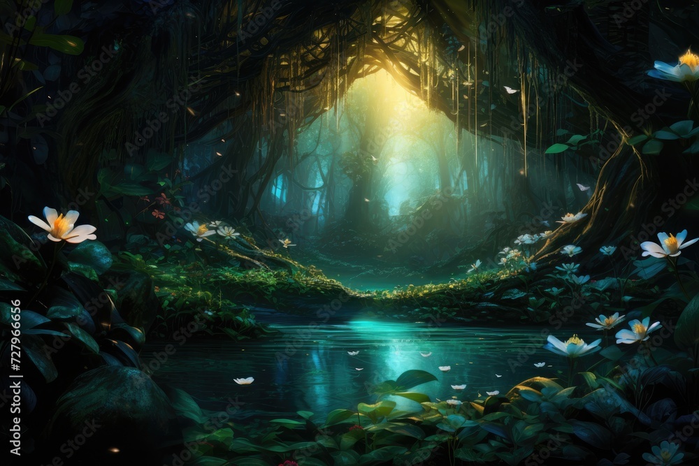 A beautiful painting depicting a serene forest landscape adorned with vibrant water lilies, The heart of a dense, mystic rainforest with glowing flora, AI Generated