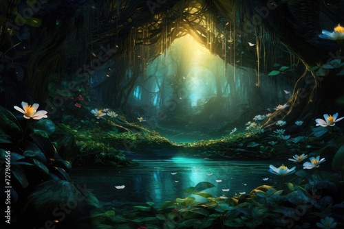 A beautiful painting depicting a serene forest landscape adorned with vibrant water lilies, The heart of a dense, mystic rainforest with glowing flora, AI Generated