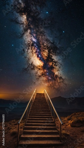 A long staircase finishing in clouds in the sky. Stairway to Heaven concept. Culture and religion idea. With copy space.