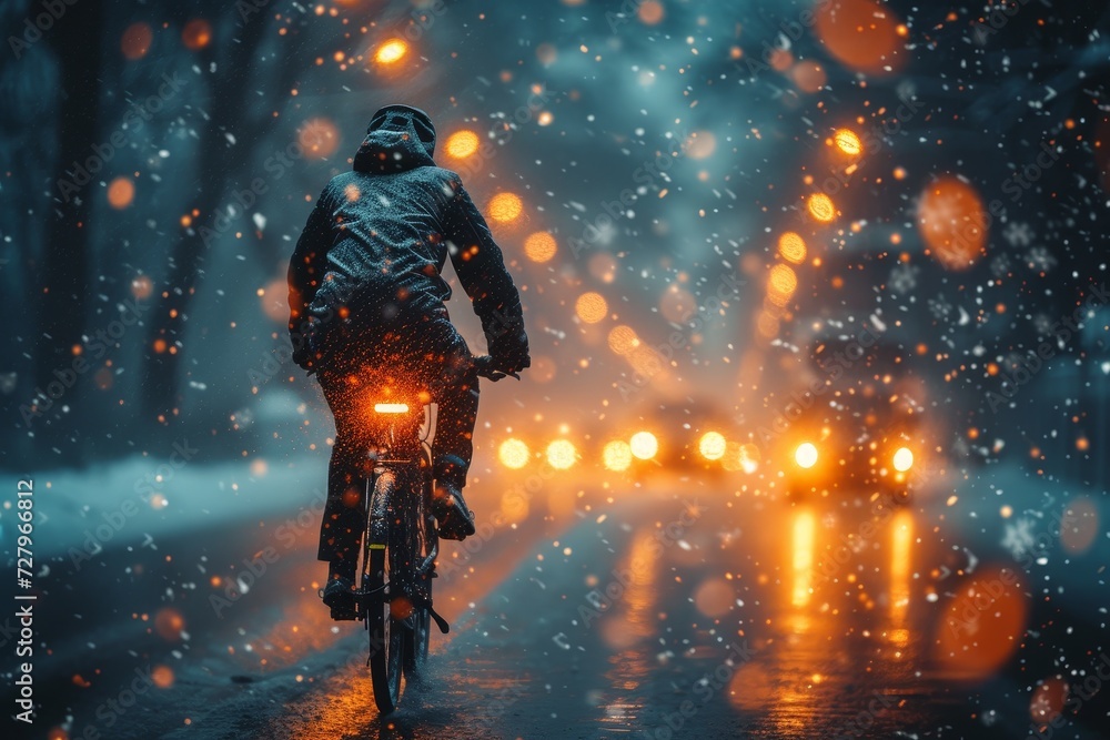 Braving the treacherous elements, a lone cyclist pedals through the wintry night, their trusty bike their only companion on the deserted roads Braving the treacherous elements, a lone cyclist pedals through the wintry night, their trusty bike their only companion on the deserted roads