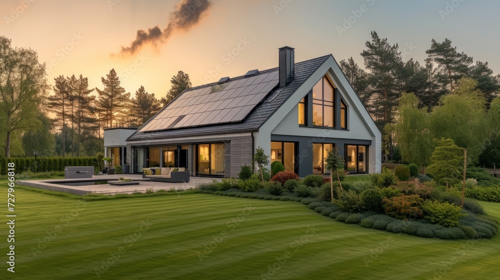 Modern house with solar panels on the roof under a bright sky. Sustainable and clean energy at a new eco friendly home Modern house with solar panels on the roof under a bright sky. Sustainable and clean energy at a new eco friendly home