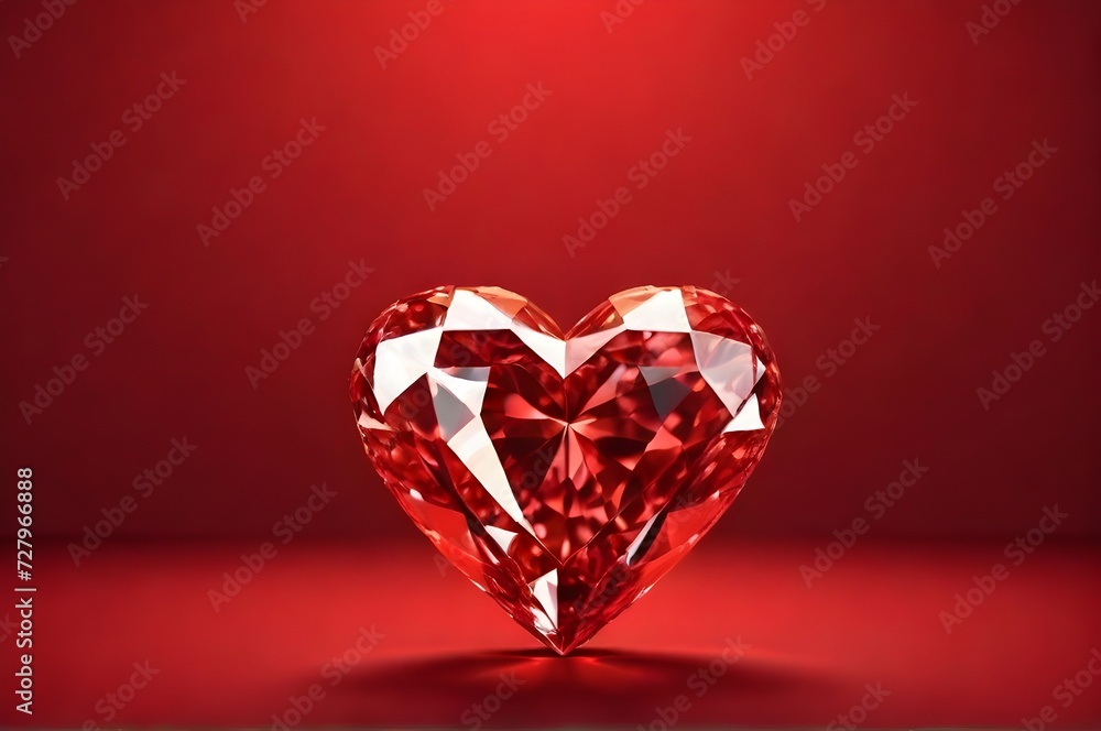 Luxurious heart shaped red diamond isolated on red background with copy space. Red Ruby Crystal. Symbol of love. Happy Valentine's Day February 14. Selective focus. Photorealistic Luxurious heart shaped red diamond isolated on red background with copy space. Red Ruby Crystal. Symbol of love. Happy Valentine's Day February 14. Selective focus. Photorealistic