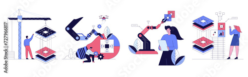 High tech factory engineer use computer for programming microchips and processors Developing modern technology for medical and high precision electronics Industrial concept Vector illustration