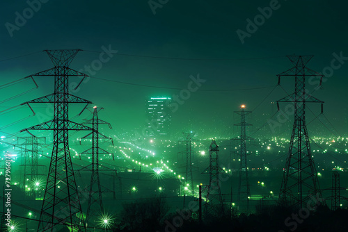 Green energy, an electrical grit, and green city lights, concept of renewable energy