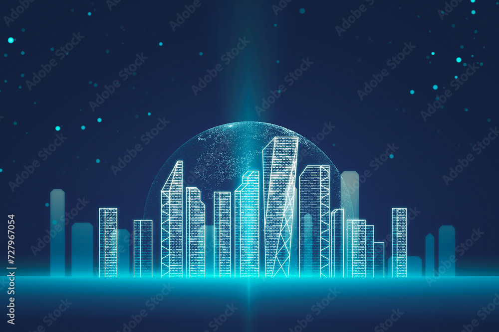Digital city illustration on blue background. Smart city concept. 3D Rendering