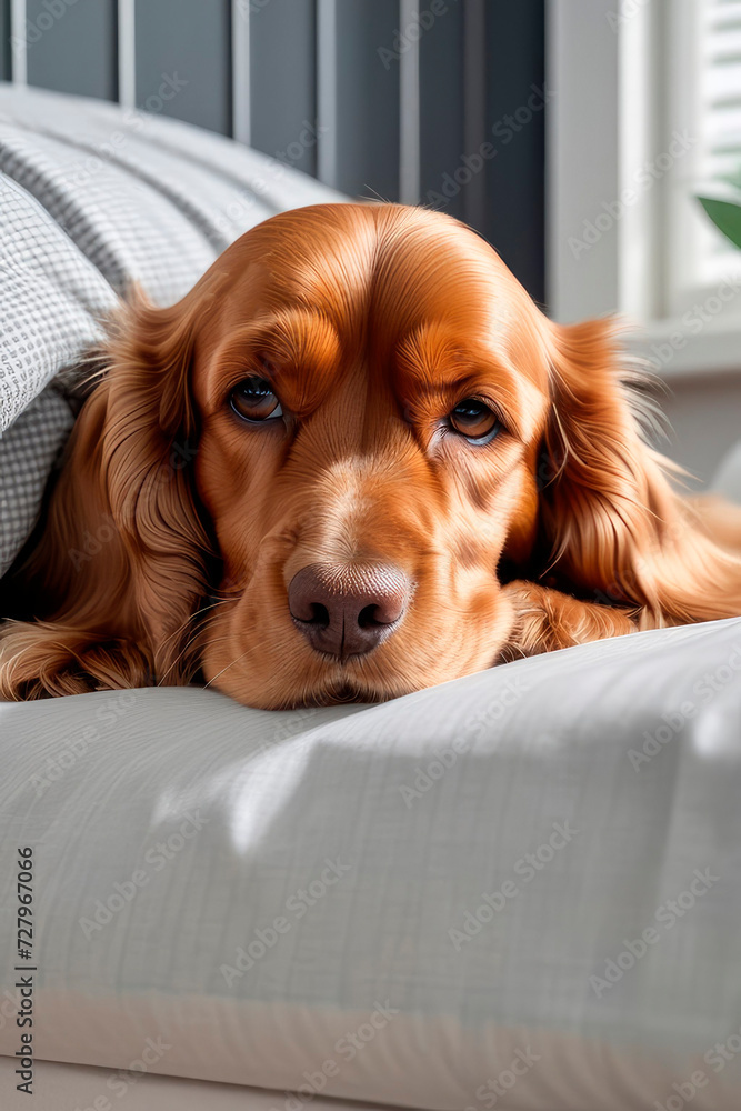 Close up portrait of a cute English cocker spaniel dog sleeping on a bed. Soft and airy look. Love and pet care concept. Close up portrait of a cute English cocker spaniel dog sleeping on a bed. Soft and airy look. Love and pet care concept.