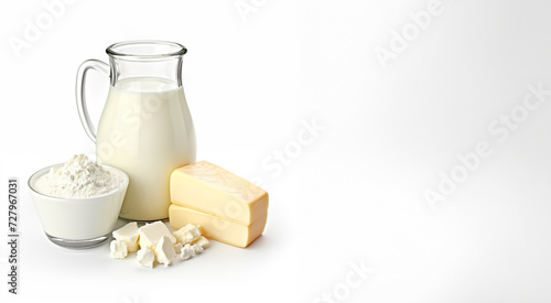 Dairy products, Milk in a tall glass, next to a bottle of milk, a piece of white cottage cheese isolated on a white background