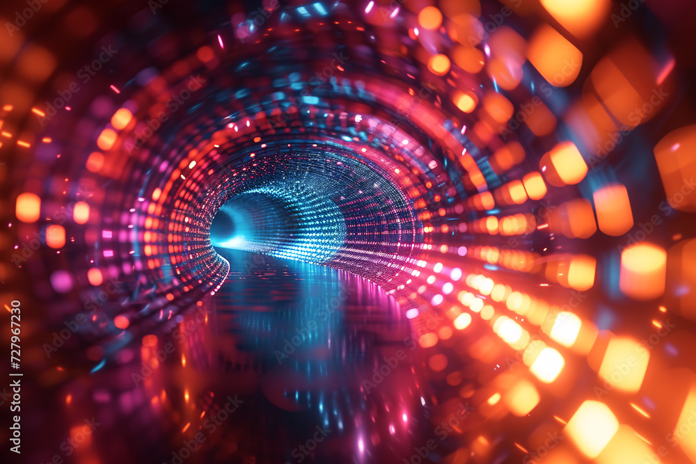 Obraz premium Shimmering tunnel with purple and orange neon lights