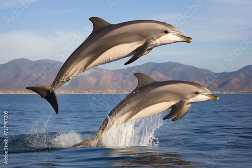 Two dolphins in the Pacific Ocean. California Sea.