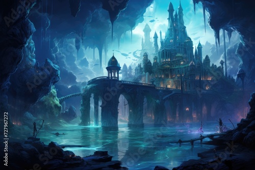 A magnificent castle stands proudly amidst the serene beauty of a lake, The lost city of Atlantis, glowing with luminescent sea creatures, AI Generated © Iftikhar alam