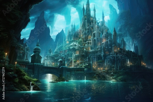 A breathtaking fantasy castle stands proudly amidst a tranquil body of water, connected by an enchanting bridge, The lost city of Atlantis, glowing with luminescent sea creatures, AI Generated © Iftikhar alam