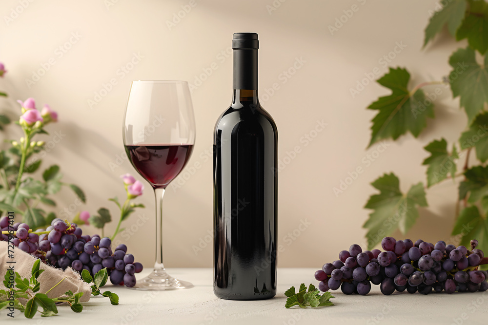 Wine bottle and glass with purple grapes and green leaves