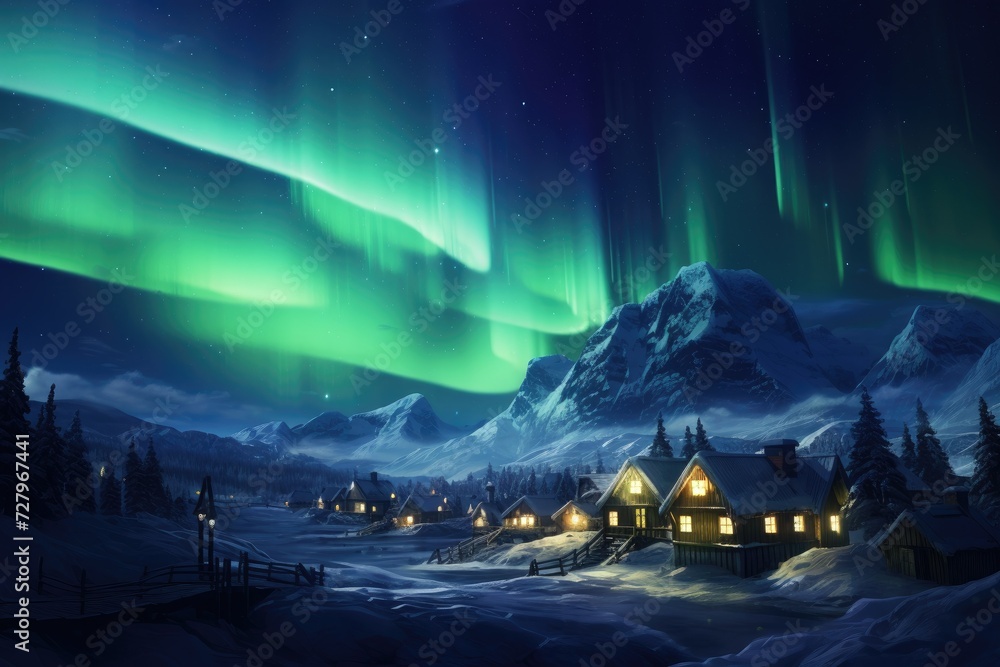 A stunning painting showcasing a snowy landscape with a cozy house and vibrant aurora lights dancing across the sky, The northern lights glowing brightly over a quiet, snowy village, AI Generated