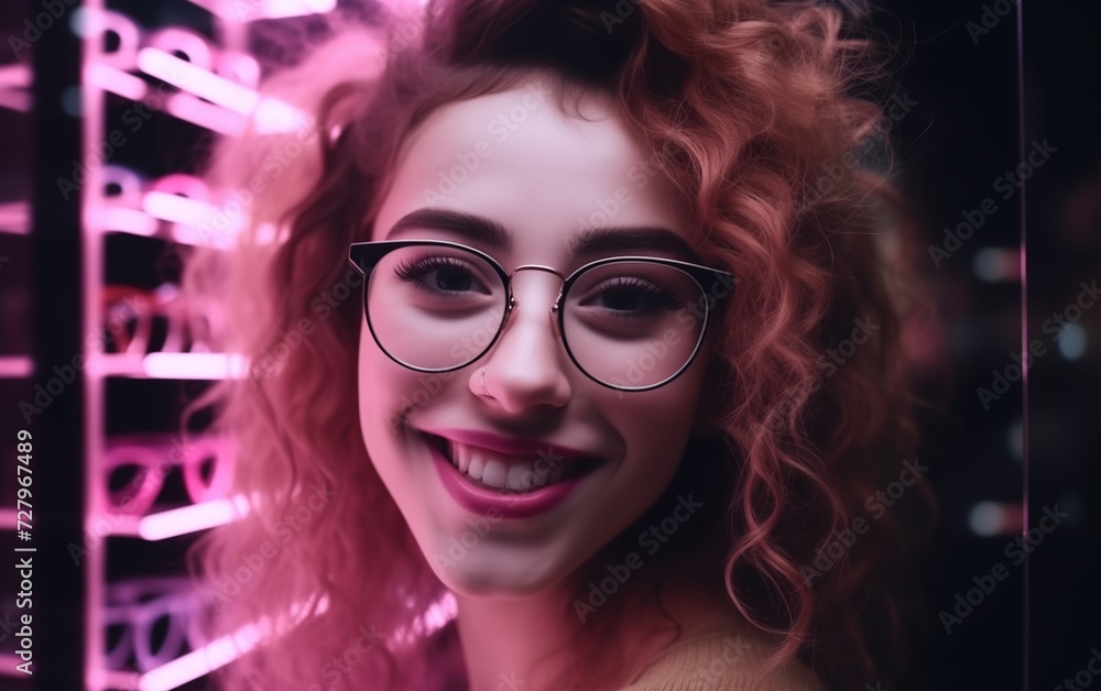 a young girl of 25 years old in pink glasses, with collected curly hair, with bright lipstick on her lips, smiling, against the backdrop of a display case with glasses, space for text 