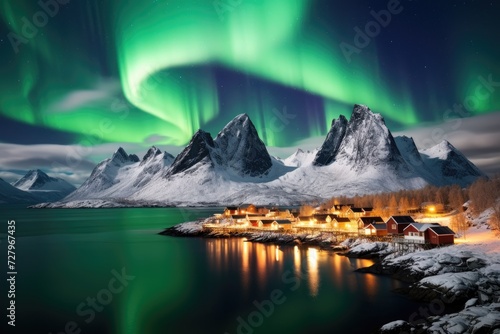 Vibrant Green and Red Aurora Borealis Over Mountain Range, The northern lights glowing brightly over a quiet, snowy village, AI Generated