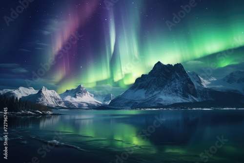Witness the breathtaking beauty as the vibrant colors of the aurora borealis illuminate the serene mountain lake, The northern lights over a snow-capped mountain range, AI Generated © Iftikhar alam
