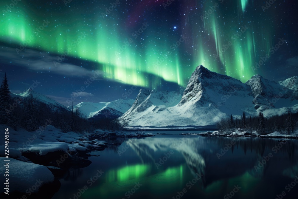 Astonishing Aurora Borealis Illuminates Majestic Mountain Range With Serene Lake, The northern lights over a snow-capped mountain range, AI Generated