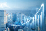 Abstract growing business chart and arrow on blurry city background. Financial growth and market concept. Double exposure.
