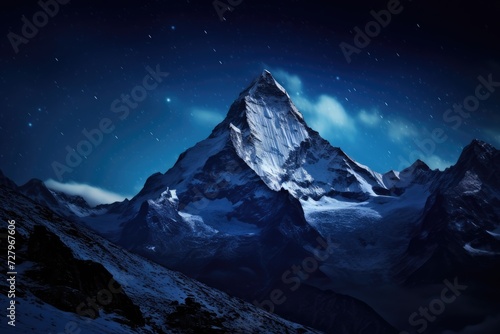 This breathtaking photo captures the serene beauty of a snow-covered mountain beneath a sparkling night sky, The peak of Mount Everest against a starry night sky, AI Generated