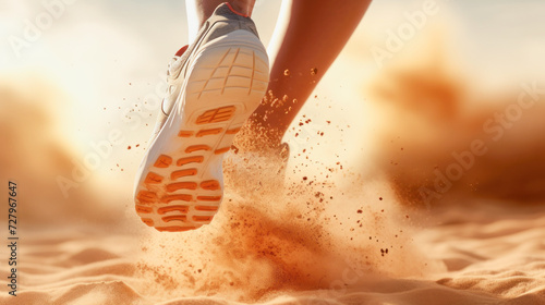 the legs of a man wearing sports shoes walking along a sandy road