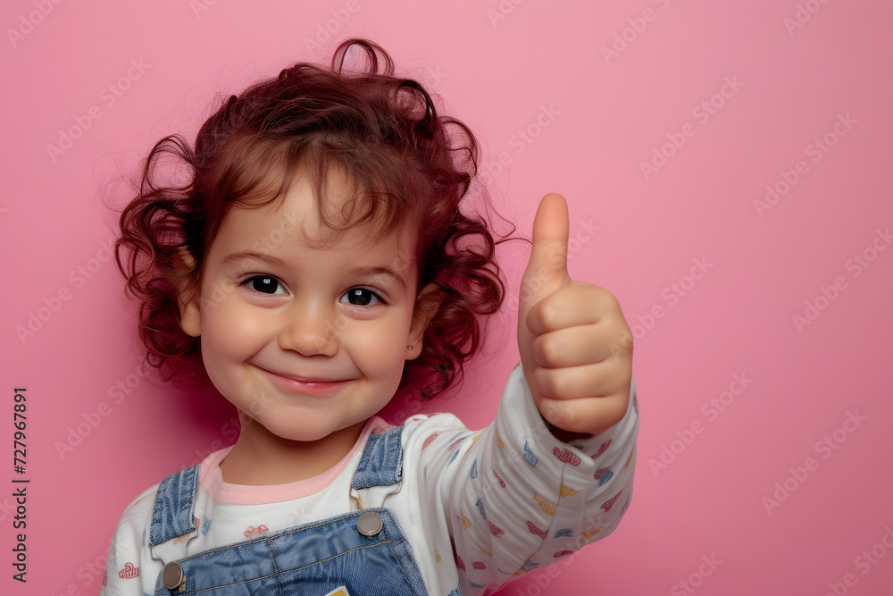 Joyful Gesture: Cute Brunette Toddler Expresses Positivity with Thumbs Up on Pink Background Joyful Gesture: Cute Brunette Toddler Expresses Positivity with Thumbs Up on Pink Background