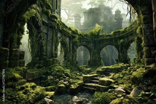 A captivating forest scene where moss adorns the walls while majestic trees tower above, The ruins of an ancient city being reclaimed by nature, AI Generated