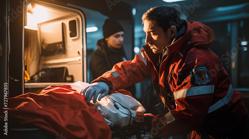 paramedic helping a person in an accident next to an ambulance