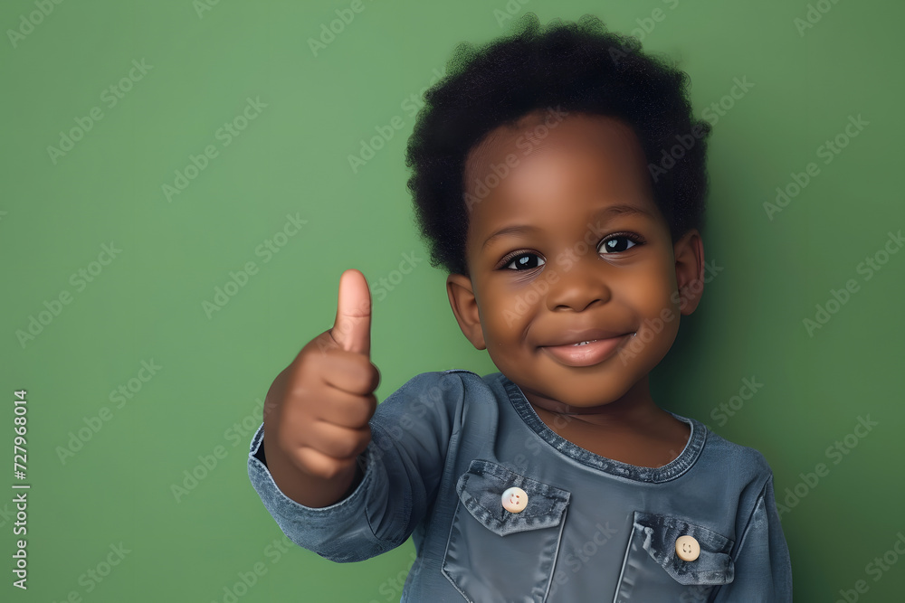 Cheerful Black Toddler Giving Thumbs Up on Solid Green Background Cheerful Black Toddler Giving Thumbs Up on Solid Green Background