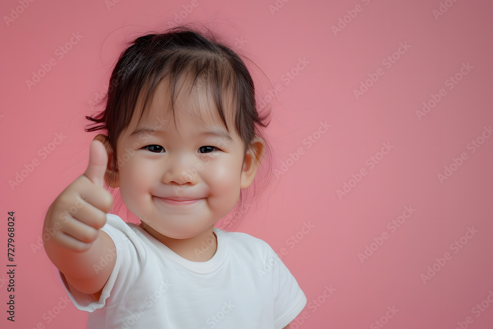 Cheerful Asian Toddler Giving Thumbs Up on Solid Pink Background Cheerful Asian Toddler Giving Thumbs Up on Solid Pink Background