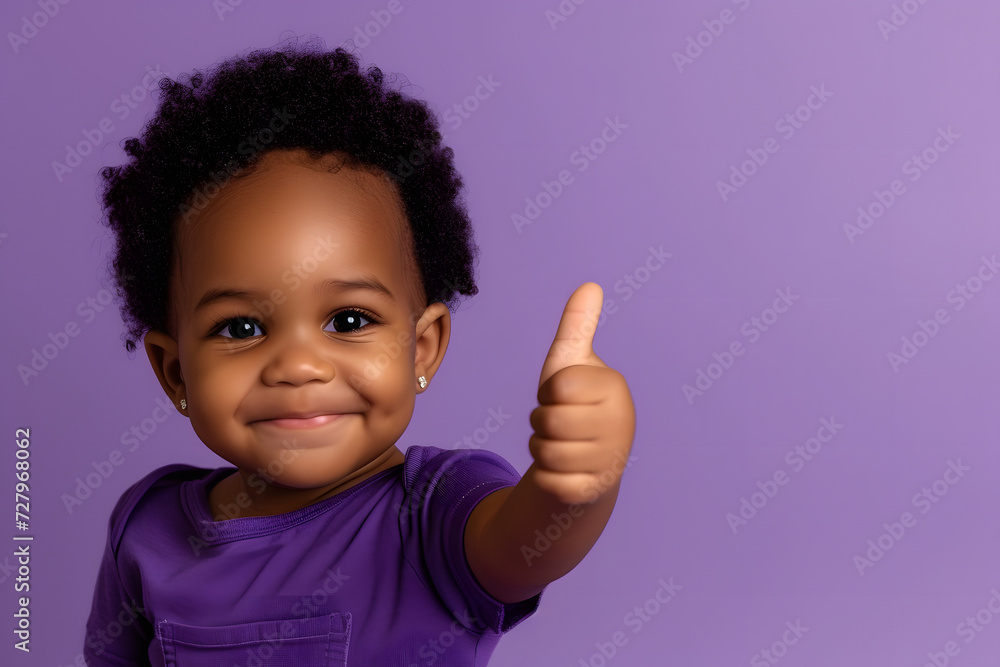 Cheerful Black Toddler Giving Thumbs Up on Solid purple Background Cheerful Black Toddler Giving Thumbs Up on Solid purple Background