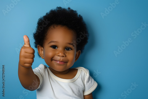 Cheerful Black Toddler Giving Thumbs Up on Solid Blue Background