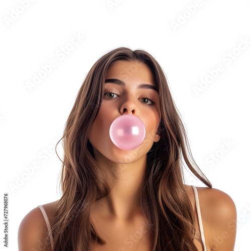 Beautiful Brunette Woman Blowing Pink Bubblegum on Transparent Background