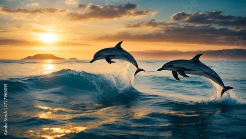 dolphins jumping into the ocean © ArtistiKa