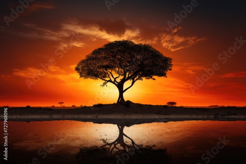 A majestic tree stands tall and strong amidst calm, serene waters, reflecting its beauty, The silhouette of a lone tree on an African savanna, AI Generated
