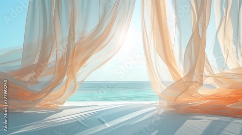 Serene ocean view framed by fluttering white and peach drapes in a tranquil setting photo