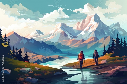 A beautiful painting capturing two individuals strolling along a scenic mountain trail, Trekking concept two tourists walking mountains, AI Generated © Iftikhar alam
