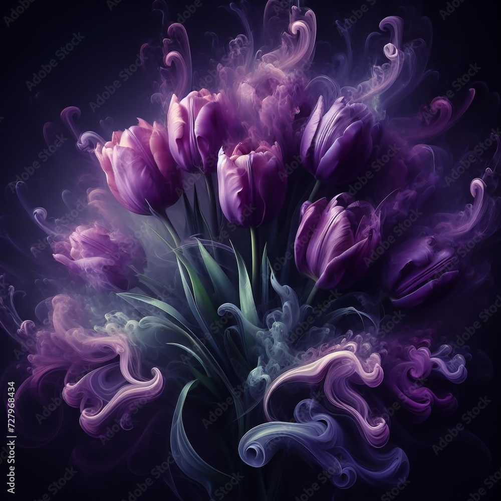 Purple tulips bouquet with dramatic side light. Flowers and plants in spring. AI generated Purple tulips bouquet with dramatic side light. Flowers and plants in spring. AI generated