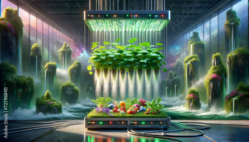Futuristic aeroponics system with vibrant plants in dreamlike landscape. photo