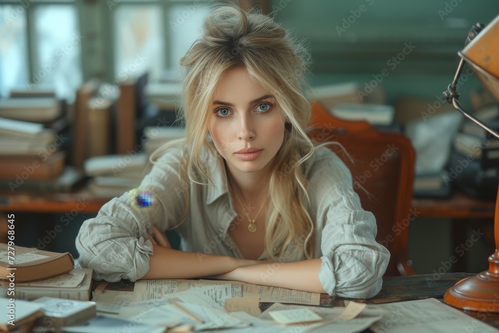Fototapeta premium A determined woman sits at her desk, arms crossed in front of her, ready to tackle whatever challenges come her way