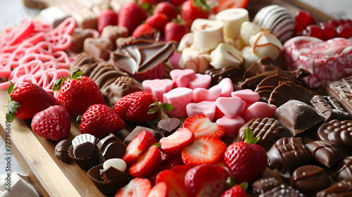 On a Valentine's Day charcuterie board, an assortment of sweets, strawberries, chocolate, and cookies is presented, constituting a classic and romantic holiday snack. generative AI