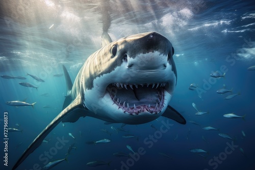 A stunning photo capturing the powerful presence of a great white shark as it exposes its jaw wide open, Underwater view of a great white shark, AI Generated © Iftikhar alam