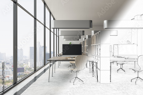 Fototapeta Naklejka Na Ścianę i Meble -  Sketch of clean concrete and wooden coworking office interior with bookcase partitions and panoramic windows with city view. Project blueprint concept. 3D Rendering.