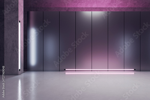 Modern exhibition hall with pink neon light, sleek dark walls, and polished floor. 3D Rendering