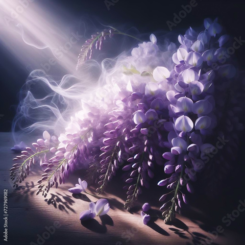 Wisteria bouquet with dramatic side light. Flowers and plants in spring. AI generated photo