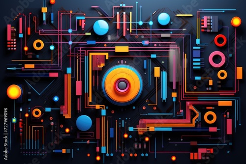 An eye-catching abstract background featuring vibrant colors and a speaker, Vibrant composition of geometric tech symbols, AI Generated